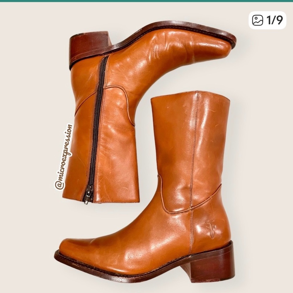 Frye Rush Zip Cognac Mid-Calf Real Leather Zip Up Low Heel Everyday Boots